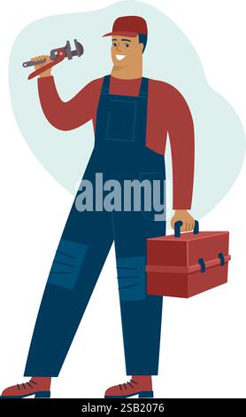 Un plombier tenant une clé et une boîte à outils. Service de réparation et concept de construction. Personnage vecteur jeune réparateur. Illustration de Vecteur