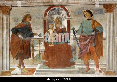 GHIRLANDAIO, Domenico (né en 1449, Florence, décédé en 1494, Florence) Vierge et enfant avec Saint Sébastien et Saint Julien c. 1473 fresque Sant'Andrea a Brozzi, San Donnino Banque D'Images