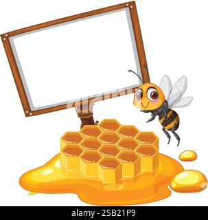 Abeille mignonne près de nid d'abeille et signe en bois vierge Illustration de Vecteur