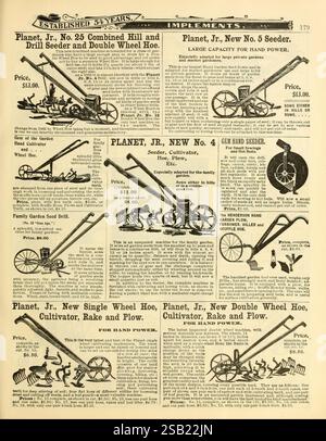 Tout, pour le jardin, New York, Peter Henderson & Co, 1902, fleurs, légumes, graines, catalogues, plantes, ornementales, commerce, catalogues, semences, industrie et commerce, Peter Henderson Co, jardin, outils, et, outils, jardin, Stories, In, Bloom, la page présente une variété d’outils agricoles offerts par Planet Jr., soulignant leur engagement envers la qualité et l’efficacité. Le semoir combiné Hill-Drill et la pelle-pelleteuse double No. 25 sont en vedette, soulignant sa capacité de puissance manuelle et de polyvalence dans les tâches de jardinage. Les outils supplémentaires incluent le New No. 6 Hand Seede Banque D'Images
