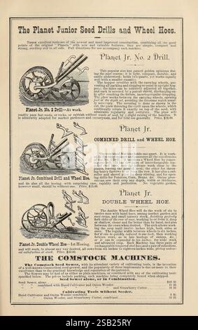 Peter Henderson & Co's Seed catalogue, New York, Peter Henderson & Co, 1875 jardinage, semences, catalogues, semoir, équipement et fournitures, catalogues commerciaux, industrie et commerce des semences, Peter Henderson Co, Garden Stories, In Bloom, ce visuel présente une publicité pour divers outils de jardinage, en particulier les semoirs à semences Planet Junior et les houes à roues. La conception comprend des illustrations détaillées de l'équipement, y compris le Planet Jr. Perceuse, perceuse combinée et pelle sur pneus, et pelle double sur pneus. Chaque version est accompagnée de descriptions, en mettant l'accent sur leur construction, usabili Banque D'Images