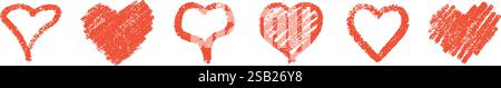 Collection coeur crayon rouge avec effet texturé - vecteur dessiné à la main formes romantiques dans un style esquissé Illustration de Vecteur