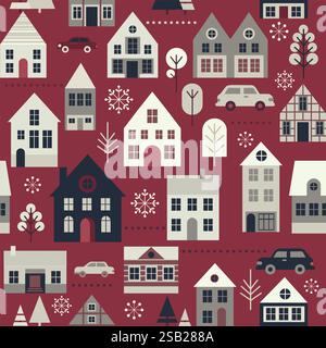 Fond de Noël. Mignonnes petites maisons sur la rue de la ville modèle sans couture. Style scandinave. Illustration vectorielle plate Illustration de Vecteur