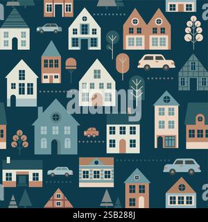 Mignonnes petites maisons sur la rue de la ville fond sans couture. Palette de couleurs délicates minimale. Style scandinave. Illustration vectorielle plate Illustration de Vecteur