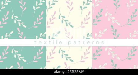 Motifs textiles pastel, ensemble de motifs botaniques avec des brindilles vertes et roses. Illustration vectorielle Illustration de Vecteur