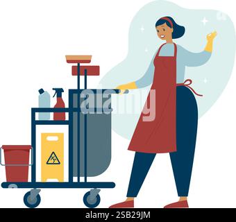 Femme de nettoyage, concierge avec chariot. Fournitures de nettoyage et outils d'équipement ménager. Personnage vectoriel du personnel de service de nettoyage Illustration de Vecteur