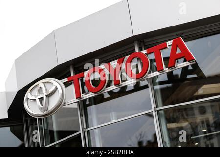 Munich, Allemagne. 31 janvier 2025. Les ellipses, le logo de la marque Toyota, peuvent être vues dans une succursale du constructeur automobile à Munich (Bavière) le 31 janvier 2025. Toyota Motor Corporation est une multinationale et l'un des plus grands constructeurs automobiles au monde. Crédit : Matthias Balk/dpa/Alamy Live News Banque D'Images