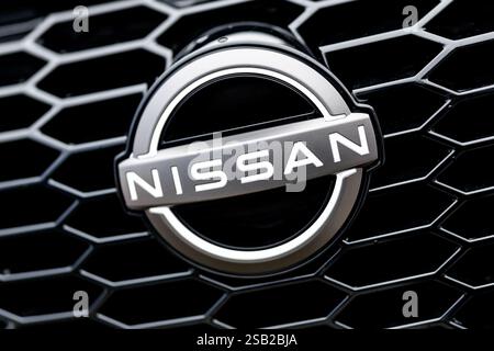 Munich, Allemagne. 31 janvier 2025. Le logo de la marque Nissan est visible sur un véhicule de la marque dans une succursale de la société à Munich (Bavière) le 31 janvier 2025. Nissan est un constructeur automobile du Japon. Crédit : Matthias Balk/dpa/Alamy Live News Banque D'Images