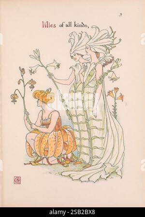 Fleurs, Shakespeare's, Garden, Co, Ltd, 1909. histoire, illustrations, XXe, siècle, illustré, livres, Shakespeare, William., Une scène fantaisiste mettant en vedette trois personnages élégamment habillés incarnant l'essence des lis. Les deux femmes debout, ornées de vêtements fluides qui ressemblent à des pétales de lys et des feuilles, frappent gracieuses poses tout en tenant de longues tiges minces avec des fleurs. Leur tenue vestimentaire et leurs caractéristiques délicates évoquent un sentiment de beauté naturelle. Pendant ce temps, un troisième personnage, assis à proximité, est ludique niché dans une grande fleur orange ressemblant à une citrouille, dégageant un sentiment d'enchantement. Le backd Banque D'Images