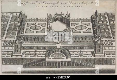 De koninglycke hovenier aanwyzende de middelen om boomen, t'Amsterdam, de Marcus Doornick, 1676, pays-Bas, horticulture, l'œuvre d'art représente une conception architecturale détaillée mettant en valeur la façade d'un grand bâtiment. La structure présente des motifs complexes et des décorations ornées, y compris des colonnes, des arches et des corniches élaborées. La disposition met l'accent sur la symétrie, avec une tour centrale s'élevant bien en évidence au-dessus de l'entrée principale. Les éléments environnants tels que les balcons et les fenêtres sont soigneusement agencés, contribuant à la grandeur globale du design. Le titre au-dessus de l'illustration sugg Banque D'Images