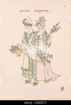 Fleurs du jardin de Shakespeare Londres, Cassell & Co, Ltd, 1909, histoire, illustrations, XXe siècle, livres illustrés, Shakespeare, William,, L'œuvre présente deux figures élégamment habillées, chacune drapée de vêtements fluides ornés de feuilles entrelacées et de motifs floraux. Une figure tient un panier débordant de verdure, tandis que l'autre est ornée d'une coiffe ressemblant à une couronne de feuilles. Leur tenue reflète un thème naturel, avec des détails délicats attirant l'attention sur la vie végétale luxuriante qui entrelace leurs formes. Au-dessus d'eux, les mots «salé, marjolaine;» sont inscrits dans un Banque D'Images
