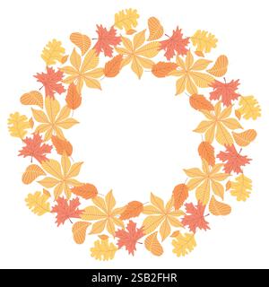 Belle couronne d'automne faite de feuilles jaunes, oranges et rouges, créant un cadre circulaire. Idéal pour le décor saisonnier, les thèmes de récolte et festif Illustration de Vecteur