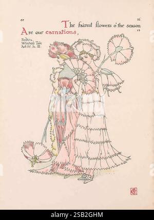 Fleurs du jardin de Shakespeare London Cassell & Co Ltd. 1909 histoire illustrations du XXe siècle livres illustrés Shakespeare William, l'illustration présente deux personnages élégamment habillés ornés de vêtements floraux complexes qui ressemblent à des fleurs colorées. Chaque figurine porte un bouquet unique, avec un parapluie décoré de grands pétales vibrants. Leur tenue est agrémentée de motifs délicats et de textures qui évoquent une qualité fantaisiste et conte de fées. La scène est accompagnée d'une citation qui se lit comme suit : «les fleurs les plus belles o' la saison, sont nos œillets», attribuant le sen Banque D'Images