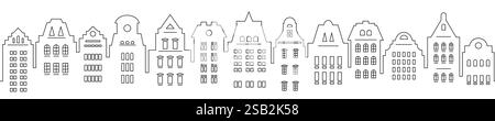 Fond abstrait urbain. Ensemble de maisons de style Amsterdam. Bordure transparente. Façades stylisées de bâtiments dans la vieille vue européenne. Illustration de Vecteur