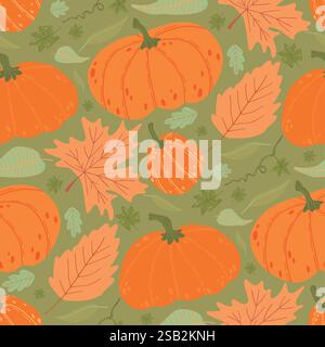 Motif de citrouille et de feuille vibrant avec des tons orange et vert, célébrant la récolte et l'automne avec un design festif sans couture pour les projets saisonniers Illustration de Vecteur