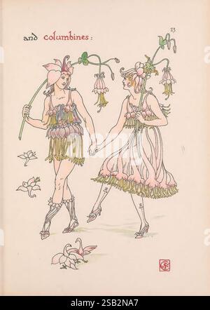 Fleurs du jardin de Shakespeare London Cassell & Co Ltd. 1909 histoire illustrations du XXe siècle livres illustrés Shakespeare William, deux personnages élégamment habillés, stylisés pour ressembler à des fleurs, se tiennent côte à côte, se tenant la main. Ils sont ornés de tenues avec des pétales et des embellissements floraux, incarnant un thème floral fantaisiste. Une figure arbore une robe avec de grands pétales tombants, tandis que l'autre porte une robe légèrement plus courte, rappelant également les fleurs en fleurs. Chaque figure tient une grande tige avec une fleur, ajoutant à leur tenue botanique. La zone environnante comprend un petit Ill Banque D'Images