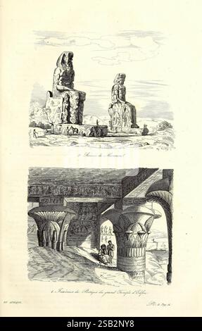 Voyage pittoresque en Asie et en Afrique Paris Furne 1839 Afrique Asie découverte et exploration Description et voyages voyages voyages et voyages découvertes en Géographie, la scène met en valeur deux statues monumentales, probablement d'importance historique ou culturelle significative, dressées hautes sur fond d'un vaste paysage. Ces figures colossales peuvent représenter des divinités ou des figures notables de l'histoire ancienne, reflétant l'art et la civilisation de leur époque. Sous les statues, une représentation détaillée présente une structure architecturale, peut-être un temple ou un palais, caractérisée par de grandes colonnes A. Banque D'Images