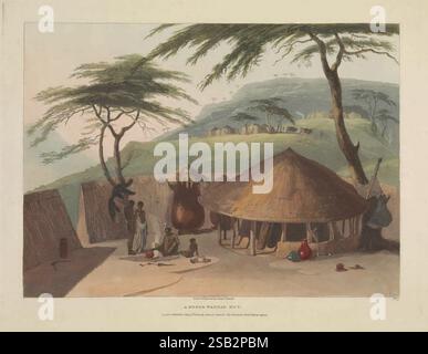 Paysages et animaux africains Londres 1804-05 Afrique histoire naturelle australe œuvres picturales zoologie, la scène représente un cadre de village traditionnel, mettant en valeur une cabane de chaume entourée de verdure luxuriante et de collines vallonnées en arrière-plan. Au premier plan, un petit groupe d'individus s'engagent dans diverses activités, reflétant la vie quotidienne. Une personne semble travailler au sol, tandis que d'autres se tiennent à proximité, engagés dans la conversation ou l'observation. Le paysage présente quelques arbres qui fournissent de l'ombre, contribuant à l'atmosphère sereine. L'environnement naturel met l'accent sur le pari d'harmonie Banque D'Images