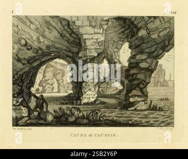 Arctique, zoologie, Londres, imprimé par Henry Hughs, 1784-1785, animaux, régions arctiques, oiseaux, Amérique du Nord, zoologie, Arctique, une représentation complexe de l'intérieur d'une grotte, mettant en valeur des murs de pierre altérés et diverses textures. La scène présente une série d'arches naturelles et d'ouvertures, faisant allusion au vaste réseau de la grotte. Des détails subtils, tels que des formations rocheuses dispersées et des notes de piscines souterraines, contribuent à l'atmosphère de mystère et d'aventure. En arrière-plan, de faibles contours suggèrent la présence de formations rocheuses lointaines et d'autres caractéristiques géologiques, véhiculant un sentiment de d Banque D'Images
