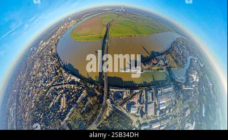 Luftbild, Krefeld-Uerdinger Brücke über den Fluss Rhein, Rheinaue Mündelheim, KCT Krefelder Container terminal am Linner Mühlenbach, links Ortsansicht Uerdingen, Erdkugel, Fisheye Aufnahme, Fischaugen Aufnahme, 360 Grad Aufnahme, petit monde, petite planète, fisheye Bild, Mündelheim, Duisburg, Ruhrgebiet, Nordrhein-Westfalen, Deutschland ACHTUNGxMINDESTHONORARx60xEURO *** vue aérienne, pont Krefeld Uerdinger au-dessus du Rhin, Rheinaue Mündelheim, KCT Krefelder Container terminal am Linner Mühlenbach, vue de gauche d'Uerdingen, globe terrestre, image fisheye, image à 360 degrés Banque D'Images