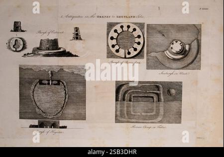 Arctique, zoologie, Londres, imprimé par Henry Hughs, 1784-1785, animaux, régions arctiques, oiseaux, Amérique du Nord, zoologie, Arctique., l'image présente une collection d'artefacts historiques et de caractéristiques archéologiques des îles Orcades et Shetland. Il comprend des illustrations de structures et d'objets importants : 1. Une ancienne formation de pierre étiquetée « Purvey of Clestrick », présentant un arrangement circulaire. 2. Une représentation de «Purvey of borne forts», qui met en évidence une fortification unique avec des caractéristiques distinctives. 3. Une illustration intitulée 'Intrigulous Vest', mettant l'accent sur un cérémonial potentiel ou Banque D'Images