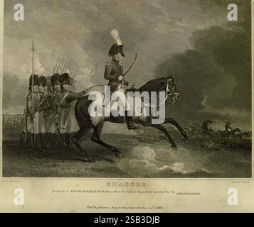 The Sportsman's repository London, Henry G. Bohn, 1845, Dogs, Horses, œuvres picturales, images, illustrations, John Scott, Equus caballus, major général Warde, chargeur, commandant militaire sur des charges à cheval vers l'avant, brandissant une épée. Vêtu d'un uniforme orné d'insignes, il dirige un groupe de soldats en arrière-plan qui sont prêts avec des armes, prêts pour la bataille. La scène est dynamique, représentant un moment d'action au milieu d'un paysage dramatique rempli de cieux tumultueux. Au loin, il y a le chaos, suggérant le déroulement d'un engagement militaire significatif. En dessous de la centrale Banque D'Images