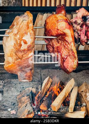 Viande grillée sur la broche sur les charbons d'un feu de camp. La nourriture préférée d'un vrai homme. Le plat principal en compagnie des hommes et à n'importe quelle fête. Banque D'Images