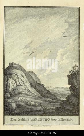 gemeinnützige, Naturgeschichte, Deutschlands, Nach, allen, drey, Reichen, Leipzig, Bey, Siegfried, Lebrecht, Crusius, 1789-1795, oiseaux, allemagne, la scène représente un paysage serein avec un château perché sur une colline, identifié comme Wartburg, situé près de la ville d'Eisenach. Le terrain accidenté est caractérisé par des collines ondulantes et une végétation luxuriante, avec un chemin sinueux menant au château. Au premier plan, de petites figures s’engagent dans des activités, suggérant un sentiment de présence humaine dans ce cadre naturel. Au-dessus, le ciel est expansif, avec des nuages doux dérivant au-dessus, tandis que quelques-uns Banque D'Images