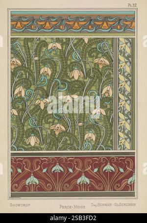 La plante et ses applications ornementales Paris librairie centrale des Beaux-Arts E. Lévy éditeur 1896 décoration ornement fleurs dans les formes végétales d'art, l'œuvre présente un design complexe mettant en valeur la fleur en forme de goutte de neige, caractérisée par ses pétales délicats et tombants et ses tiges vertes minces. La composition est divisée en trois sections distinctes, avec la zone centrale ornée de vignes tourbillonnantes vibrantes qui tissent à travers les fleurs. La partie supérieure présente des motifs ornés de fleurs stylisées dans des tons de bleu et d'orange, créant un contraste harmonieux avec le vert luxuriant arrière-groupe Banque D'Images