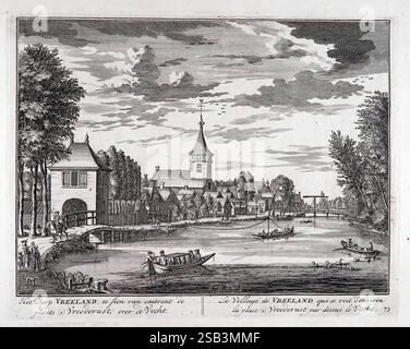 De Zegepraalende Vecht, T'Amsteldam, by de Wed, 1719, Netherlands, jardins, Europe, premières œuvres, villes et villages, œuvres picturales, rivière Vechte, rivière Vechte Allemagne et pays-Bas, Une scène de village sereine représentant la campagne de Vreeland. La composition présente un charmant groupe de bâtiments, y compris une église avec un clocher distinct, sur fond de nuages doux. Un plan d'eau calme reflète les structures, tandis que les bateaux glissent gracieusement sur la surface. Sur la gauche, une petite structure en bois rappelant un hangar à bateaux ajoute à l’atmosphère idyllique. Les terres environnantes Banque D'Images