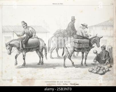 Historia, Fisica y Politica de Chile, Segun documentos adquiridos en esta republica durante doce anos de Residencia en ella y publicada bajo los auspicios del supremo gobierno, Paris, Chile, en el Museo de Historia Natural de Santiago, en casa del autor 1844-71, Chili, plantes, histoire, histoire, agriculture, zoologie, sources, politique et gouvernement, la scène représente un marché animé dans le Chili historique, mettant en vedette trois individus à cheval. Un cavalier, vêtu d'une tenue traditionnelle et d'un chapeau, tient un couteau, se préparant peut-être à vendre des marchandises. Un autre personnage monte une mule chargée de W. Banque D'Images