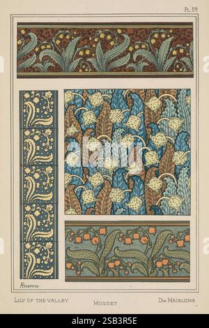La plante et ses applications ornementales Paris librairie centrale des Beaux-Arts E. Lévy éditeur 1896 décoration et ornement fleurs dans les formes végétales d'art, cette œuvre d'art présente un éventail étonnant de motifs floraux décoratifs centrés sur le thème du 'lis de la Vallée'. La composition est divisée en sections, chacune présentant des conceptions complexes. Le segment supérieur affiche des lis stylisés entrecoupés d'éléments ornementaux vibrants. Ci-dessous, un motif répétitif de délicates fleurs bleues et crème offre un contraste saisissant sur le fond terreux. La partie gauche offre un contraste Banque D'Images