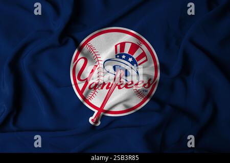 Pringsewu, Lampung ; 1er février 2025 ; la texture du tissu comporte un drapeau avec le logo de l'équipe de baseball MLB New York Yankees, illustration 3D. Banque D'Images