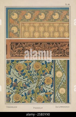 La plante et ses applications ornementales, Paris, librairie centrale des Beaux-Arts, E. Lévy, éditeur [1896], décoration, et, ornement, fleurs dans l'art, formes végétales, la composition présente un arrangement complexe de motifs décoratifs mettant en vedette la plante de pissenlit, connue sous le nom de 'Pissenlit' en français et 'Der Löwenzahn' en allemand. Chaque segment présente un design unique : la section supérieure présente des motifs stylisés de pissenlits disposés en un motif répété sur un fond contrasté ; la section centrale présente un motif floral entrelacé avec des éléments ressemblant à la vigne ; la section inférieure comprend fantaisiste Banque D'Images