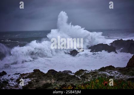 d'énormes vagues s'écrasent contre le rivage rocheux pendant la tempête Banque D'Images