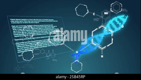 Structure chimique et image de données moléculaires sur texte scientifique et brin d'ADN Banque D'Images