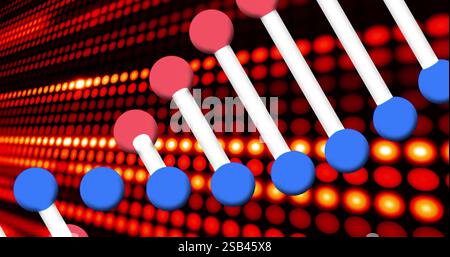 Image de brin d'ADN sur fond de points numériques rouge et orange Banque D'Images