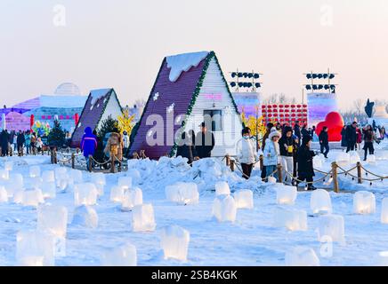 HOHHOT, CHINE - 31 JANVIER 2025 - les touristes se détendent au 4ème Festival de glace et de neige de Hohhot 2025 à Hohhot, Mongolie intérieure, Chine, le 31 janvier 2025. Banque D'Images