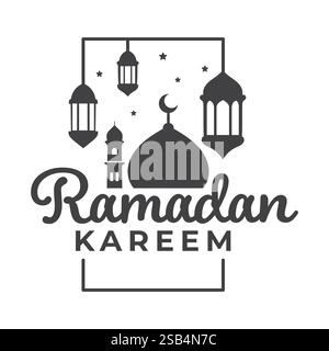 Un design minimaliste célébrant Ramadan Kareem avec une silhouette de mosquée, des lanternes suspendues et des étoiles. Illustration de Vecteur