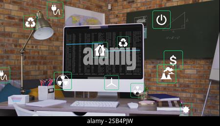 Image des icônes écologiques sur le bureau et le traitement des données Banque D'Images
