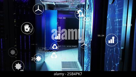Illustration des icônes écologiques au-dessus de la salle des serveurs Banque D'Images