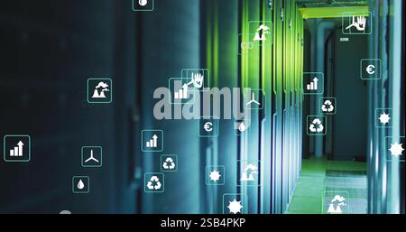 Illustration des icônes écologiques au-dessus de la salle des serveurs Banque D'Images
