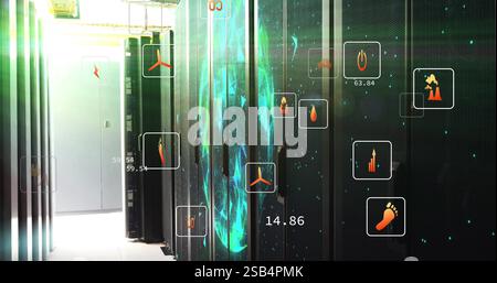 Illustration des icônes écologiques au-dessus de la salle des serveurs Banque D'Images