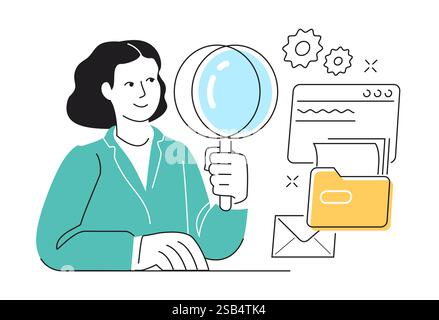 Réalisation d'audits de documents, de comptabilité, de recherches ou de recherches. Femme avec loupe vérifiant les informations Illustration de Vecteur