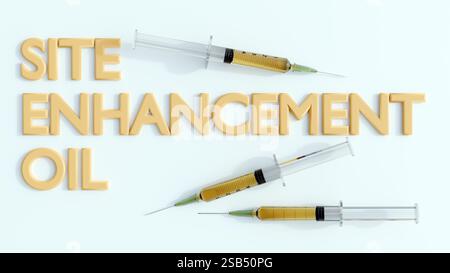 Rendu 3D du mot « HUILE D'AMÉLIORATION DE SITE » avec médicament liquide jaune à l'intérieur de la seringue médicale. Banque D'Images