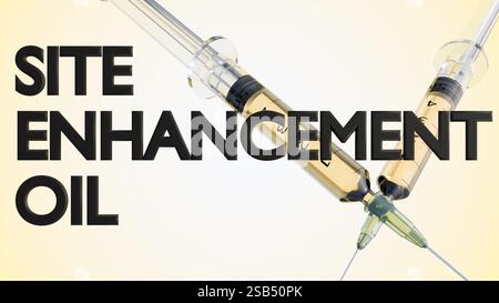 Rendu 3D du mot « HUILE D'AMÉLIORATION DE SITE » avec médicament liquide jaune à l'intérieur de la seringue médicale. Banque D'Images