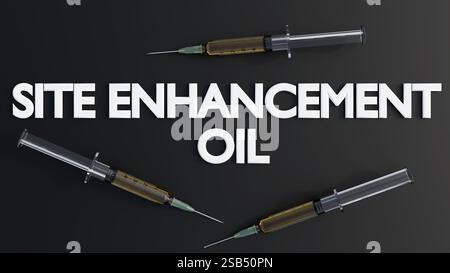 Rendu 3D du mot « HUILE D'AMÉLIORATION DE SITE » avec médicament liquide jaune à l'intérieur de la seringue médicale. Banque D'Images