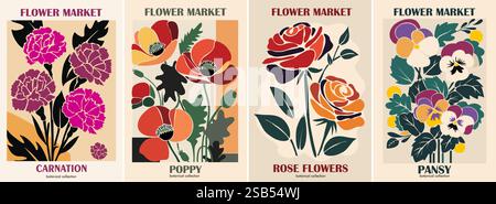 Ensemble d'affiches d'art rétro du marché des fleurs abstraites Illustration de Vecteur