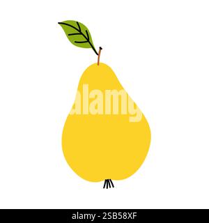 Une poire jaune éclatante se tient debout sur un fond blanc Uni, avec une petite feuille verte en haut, symbolisant la fraîcheur et le beau naturel Illustration de Vecteur