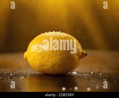 Citron frais avec des gouttes d'eau en contre-jour du soleil. Citron frais, fruits, macro, portrait. Banque D'Images